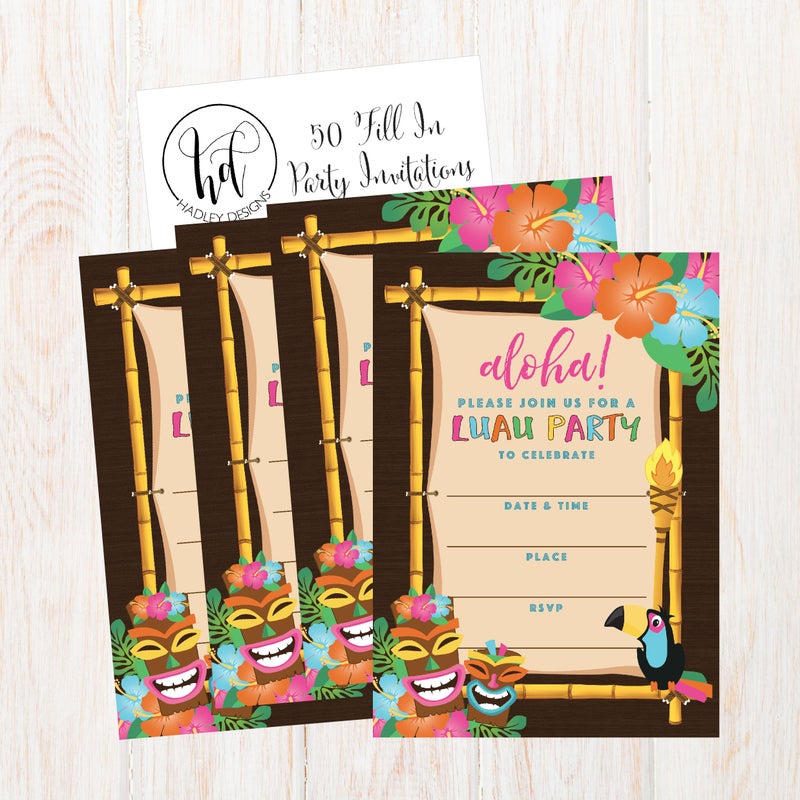 Hadley Designs 50 Aloha Luau Party Invitations, Tropical Hawaiian Birthday Invitations for Kids & Adults, Perfect for Birthday, Pool, and Summer Beach Parties - Image 4